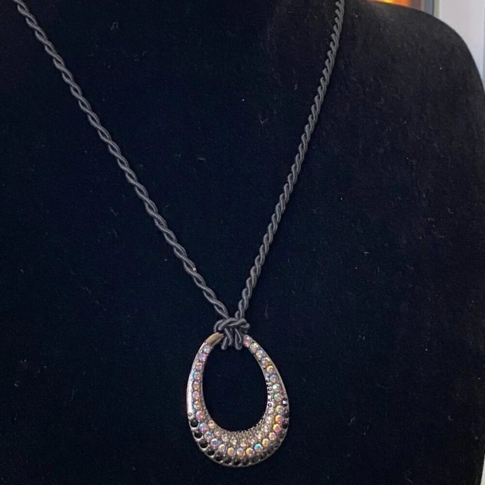 Lia Sophia Retired Black Cord Necklace w/ Sparkly Crystal Teardrop Oval Pendant - Picture 5 of 16